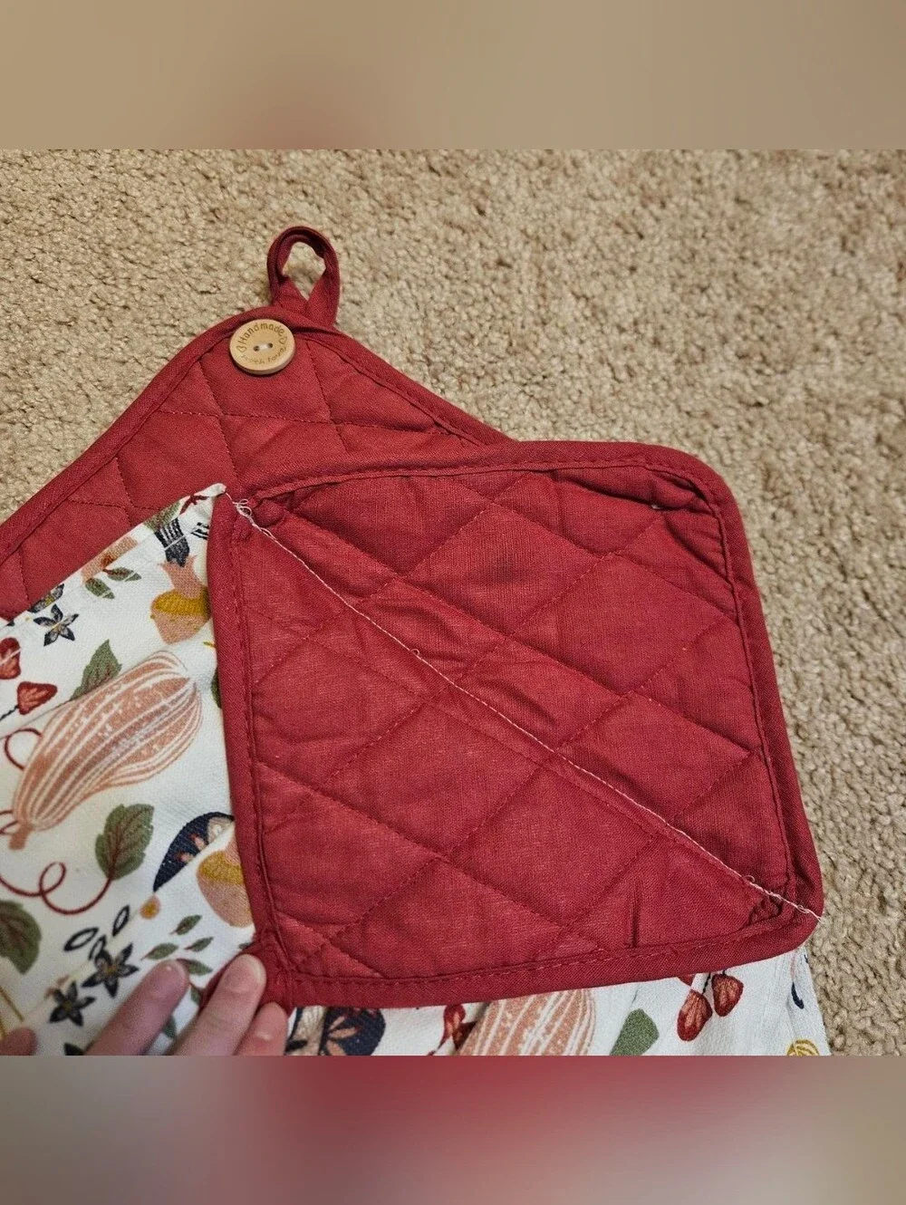 2 Handcrafted Potholders Attached To Towels | Red + White | Mushrooms + Gourds